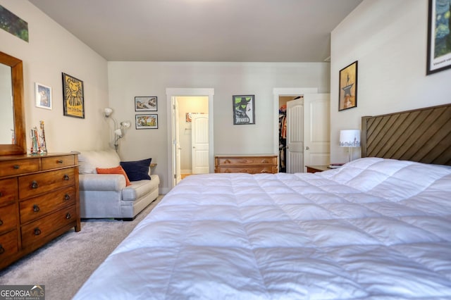 bedroom with a walk in closet and light carpet