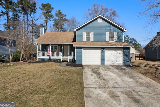 view of front of home with a garage, a front yard, and covered porch