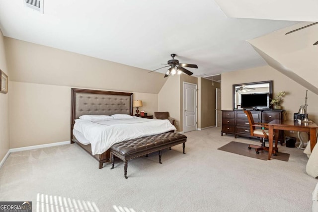 carpeted bedroom featuring lofted ceiling and ceiling fan