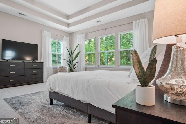 carpeted bedroom with a tray ceiling and visible vents