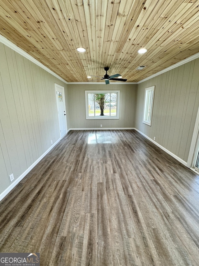 empty room featuring ceiling fan, ornamental molding, wood-type flooring, and wooden ceiling