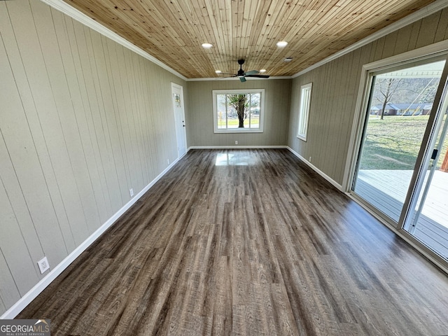 spare room featuring crown molding, ceiling fan, dark hardwood / wood-style floors, and wooden ceiling