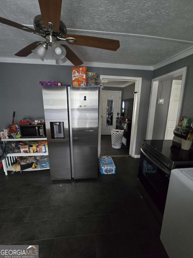 kitchen featuring crown molding, ceiling fan, a textured ceiling, and black appliances