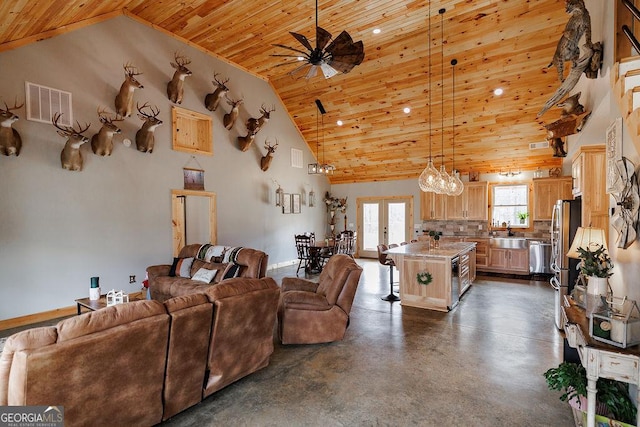 living room with french doors, sink, wood ceiling, high vaulted ceiling, and ceiling fan