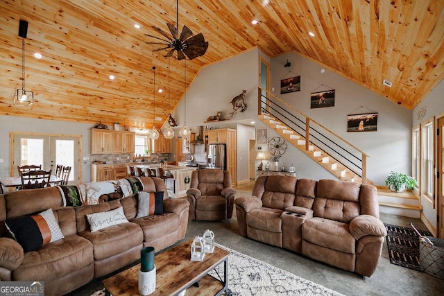 living room with wood ceiling, light carpet, high vaulted ceiling, and french doors