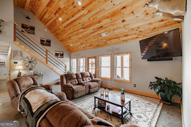 living room featuring high vaulted ceiling and wooden ceiling