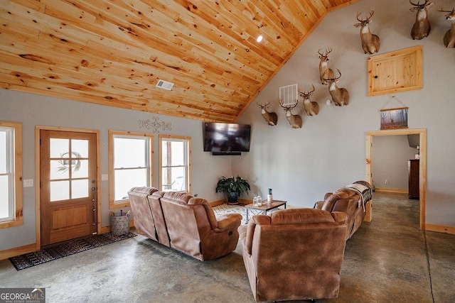 living room with high vaulted ceiling and wood ceiling