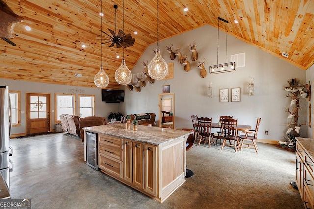4059 Wildcat Bridge Rd, Royston, GA 30662 - kitchen featuring hanging light fixtures, beverage cooler, open floor plan, wooden ceiling, and visible vents