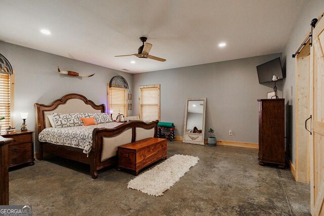 4059 Wildcat Bridge Rd, Royston, GA 30662 - bedroom featuring recessed lighting, ceiling fan, a barn door, and baseboards
