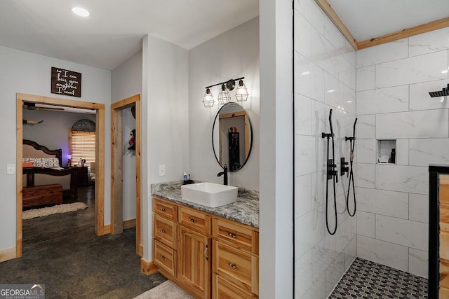 4059 Wildcat Bridge Rd, Royston, GA 30662 - ensuite bathroom with vanity, baseboards, walk in shower, recessed lighting, and ensuite bath