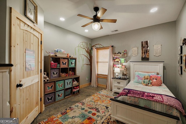 4059 Wildcat Bridge Rd, Royston, GA 30662 - bedroom with baseboards, a ceiling fan, recessed lighting, and visible vents