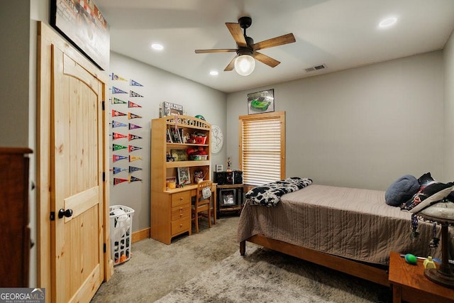 4059 Wildcat Bridge Rd, Royston, GA 30662 - bedroom featuring ceiling fan, light colored carpet, recessed lighting, and visible vents