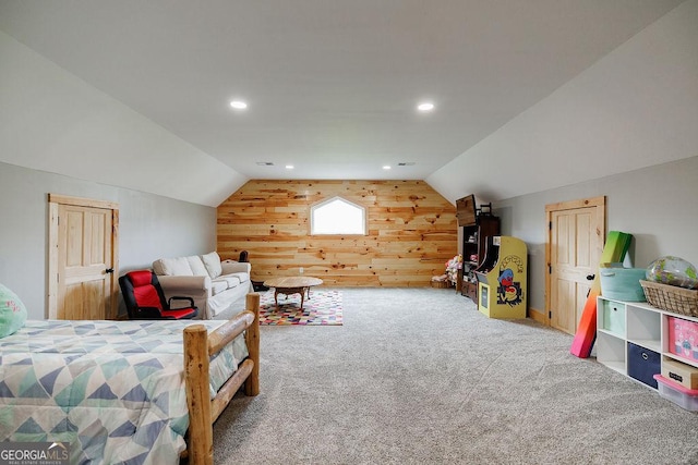 4059 Wildcat Bridge Rd, Royston, GA 30662 - bedroom featuring carpet flooring, wood walls, and vaulted ceiling