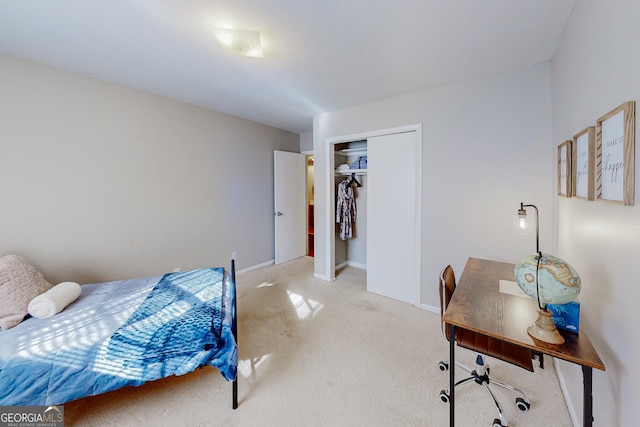 bedroom with light carpet and a closet