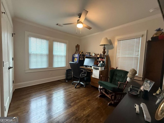 office area featuring dark wood-type flooring, crown molding, and ceiling fan