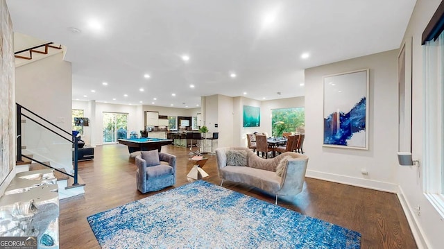 living area featuring billiards, stairway, recessed lighting, and wood finished floors