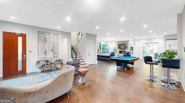 playroom featuring a wealth of natural light, recessed lighting, billiards, and wood finished floors