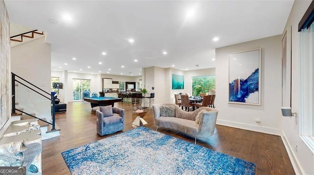 living room featuring stairway, recessed lighting, and billiards