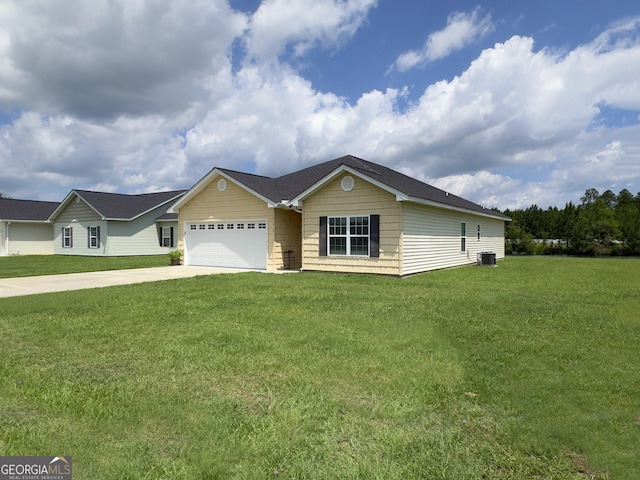 ranch-style house with a garage and a front yard