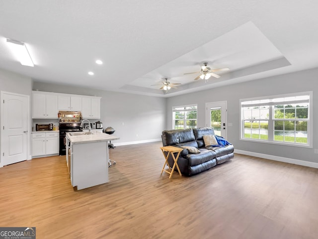 living room featuring a raised ceiling, light hardwood / wood-style flooring, and ceiling fan