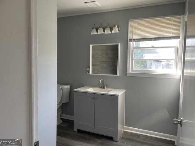 bathroom with hardwood / wood-style flooring, vanity, and toilet