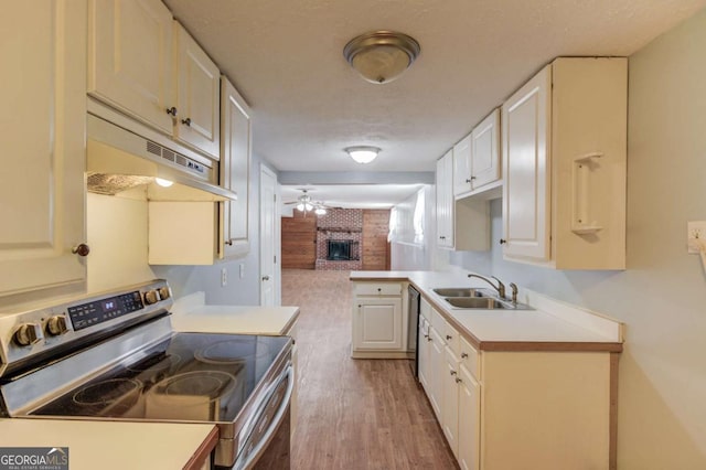 kitchen with stainless steel electric stove, a brick fireplace, a sink, dishwasher, and under cabinet range hood