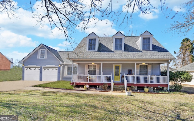 cape cod home with driveway, covered porch, a shingled roof, and a front yard