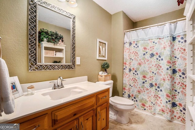 bathroom with vanity, a textured ceiling, a shower with curtain, tile patterned floors, and toilet