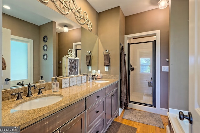 bathroom featuring vanity, wood-type flooring, and a shower with shower door