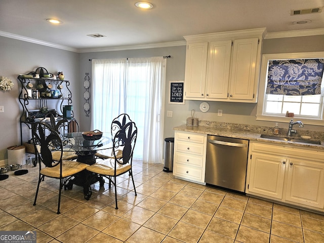 kitchen featuring crown molding, sink, stainless steel dishwasher, and white cabinets