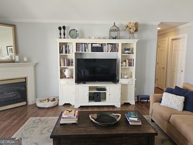 living room featuring crown molding and dark wood-type flooring