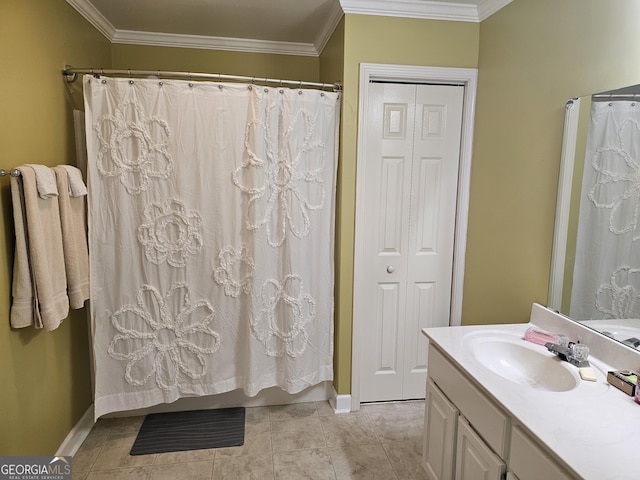 bathroom featuring vanity, tile patterned floors, ornamental molding, and shower / bathtub combination with curtain