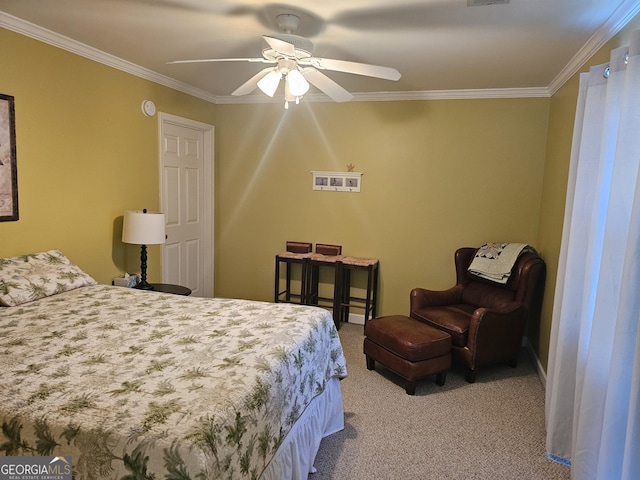 bedroom with light colored carpet, ornamental molding, and ceiling fan