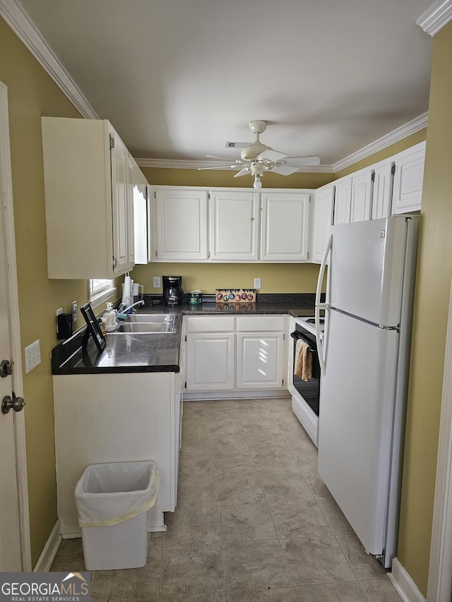 kitchen featuring white cabinetry, sink, crown molding, and white appliances