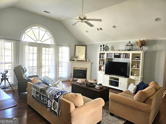 living room with lofted ceiling, dark hardwood / wood-style floors, a healthy amount of sunlight, and french doors