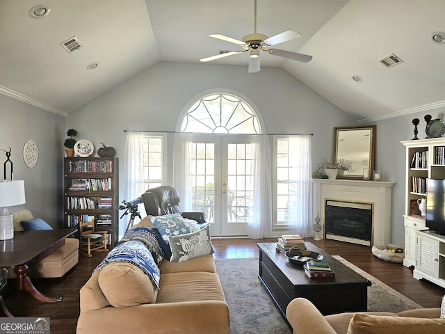 living room featuring french doors, dark hardwood / wood-style flooring, vaulted ceiling, and a wealth of natural light