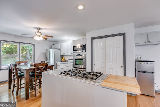 kitchen with stainless steel appliances, light hardwood / wood-style floors, and ceiling fan