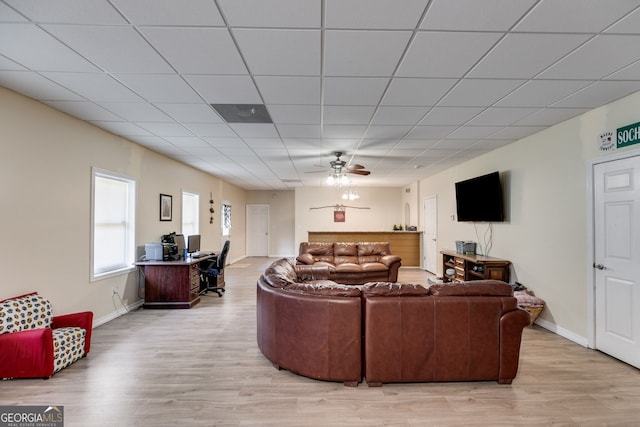 living room featuring ceiling fan, a paneled ceiling, and light hardwood / wood-style floors