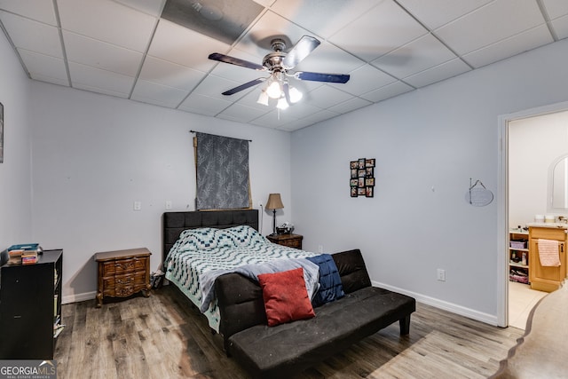 bedroom with hardwood / wood-style floors, a drop ceiling, and ceiling fan