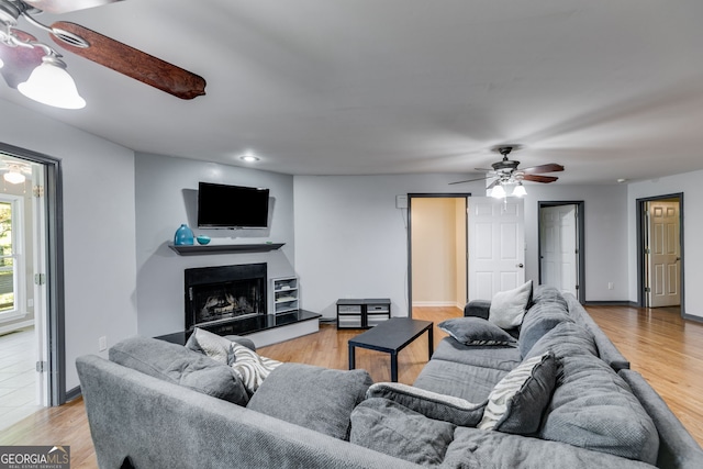 living room featuring ceiling fan and light hardwood / wood-style floors