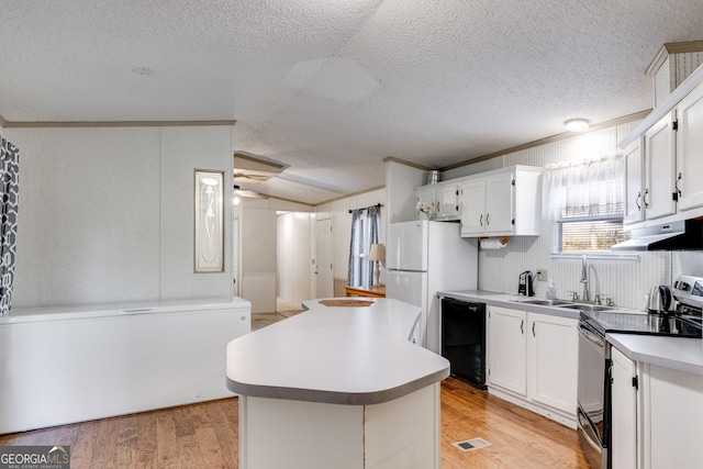 kitchen featuring stainless steel electric stove, white cabinetry, dishwasher, sink, and a center island