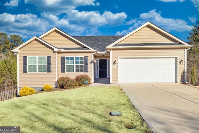 single story home with a garage and a front yard