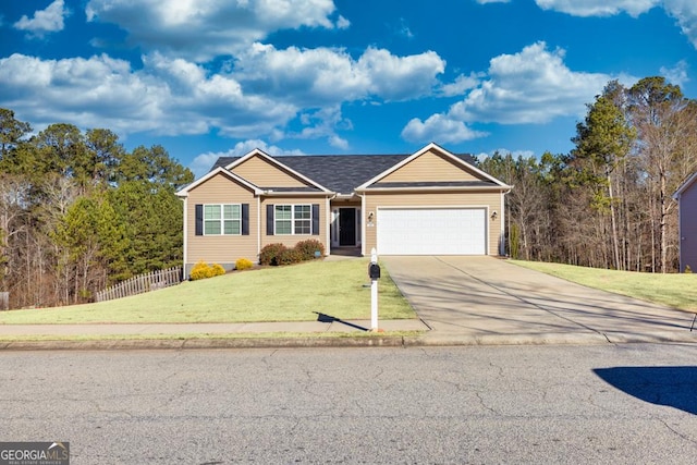 single story home featuring a garage and a front yard