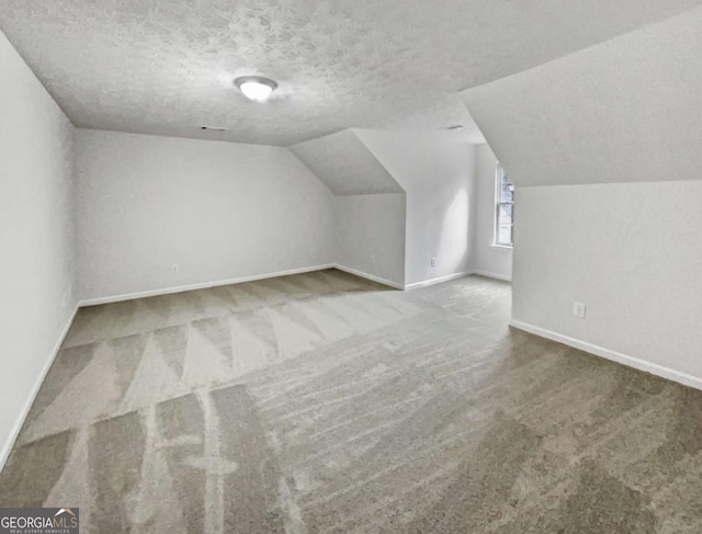 additional living space with lofted ceiling, carpet, and a textured ceiling