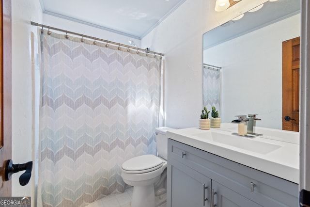 bathroom featuring toilet, walk in shower, tile patterned floors, ornamental molding, and vanity