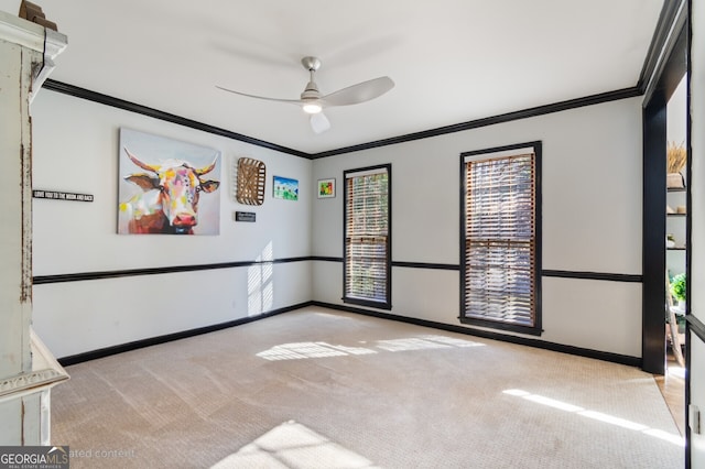 carpeted empty room with ceiling fan and ornamental molding