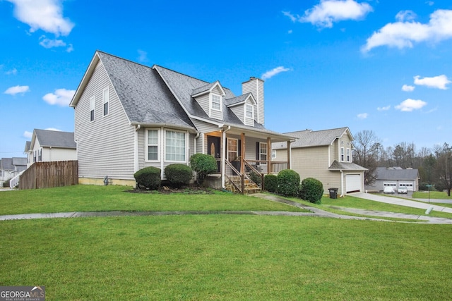 new england style home featuring a front lawn and a porch