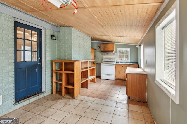 kitchen featuring a sink, brick wall, wood ceiling, and white range with electric cooktop