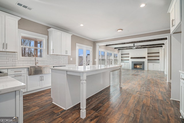 kitchen with white cabinetry, light stone countertops, dark wood-type flooring, and a kitchen island