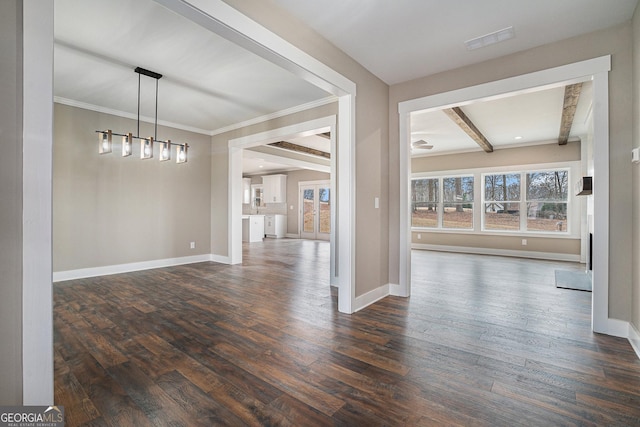 unfurnished dining area featuring dark hardwood / wood-style flooring, beam ceiling, and crown molding